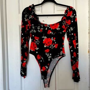 Shein sheer black bodysuit with red ROSES 🥀